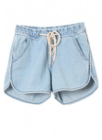 Low Rise Drawstring Sporty Denim Shorts in Blue