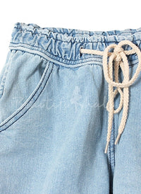 Low Rise Drawstring Sporty Denim Shorts in Blue