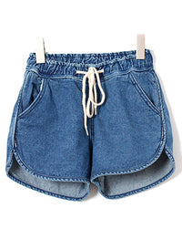 Low Rise Drawstring Sporty Denim Shorts in Blue