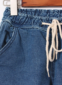 Low Rise Drawstring Sporty Denim Shorts in Blue