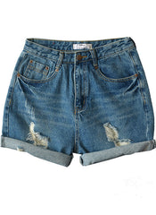 High Waisted Cuffed Relaxed Fit Denim Jean Shorts