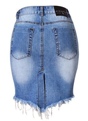 Frayed Ripped High Waisted Denim Skirt in Blue