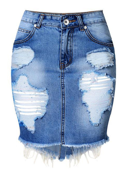 Frayed Ripped High Waisted Denim Skirt in Blue