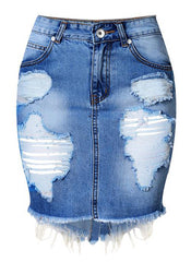 Frayed Ripped High Waisted Denim Skirt in Blue