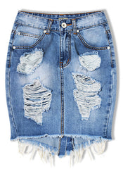 Frayed Ripped High Waisted Denim Skirt in Blue