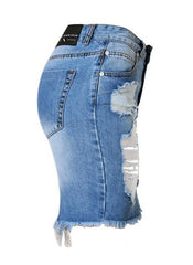 Frayed Ripped High Waisted Denim Skirt in Blue