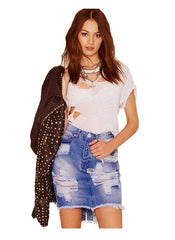 Frayed Ripped High Waisted Denim Skirt in Blue
