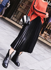 Black Elastic Waistband Metallic Pleated Midi Skirt