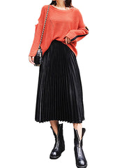 Black Elastic Waistband Metallic Pleated Midi Skirt