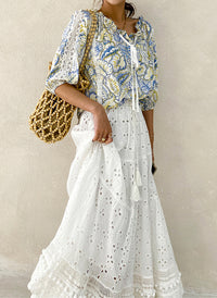 Boho Pom-pom Hem Embroidered Pure Cotton Midi Skirt in White