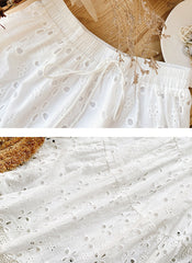 Boho Pom-pom Hem Embroidered 100% Cotton Midi Skirt in White
