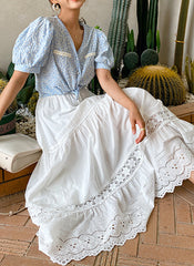 Elastic Waist Embroidered Eyelet Cotton Tiered Skirt in White
