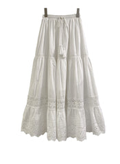 Elastic Waist Embroidered Eyelet Cotton Tiered Skirt in White