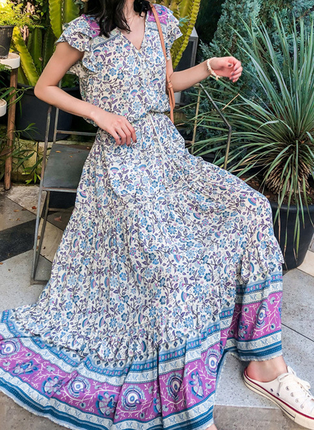 Boho Elastic Waist Drawstring Floral Printed Tiered Maxi Skirt