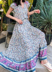 Boho Elastic Waist Drawstring Floral Printed Tiered Maxi Skirt