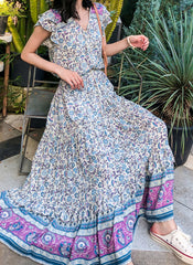 Elastic Waist Drawstring Floral Printed Tiered Maxi Skirt