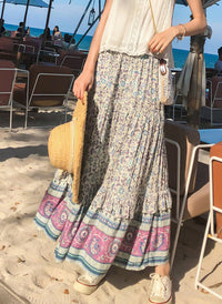 Boho Elastic Waist Drawstring Floral Printed Tiered Maxi Skirt