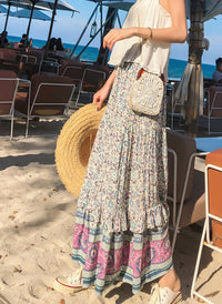 Boho Elastic Waist Drawstring Floral Printed Tiered Maxi Skirt