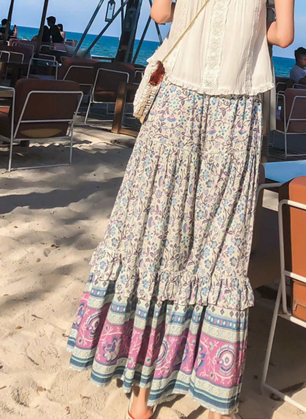 Boho Elastic Waist Drawstring Floral Printed Tiered Maxi Skirt