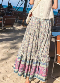 Boho Elastic Waist Drawstring Floral Printed Tiered Maxi Skirt