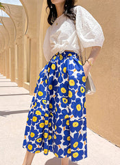 Elastic High Waist Geometric Floral Print A-line Midi Cotton Skirt