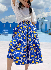 Elastic High Waist Geometric Floral Print A-line Midi Cotton Skirt