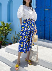 Elastic High Waist Geometric Floral Print A-line Midi Cotton Skirt