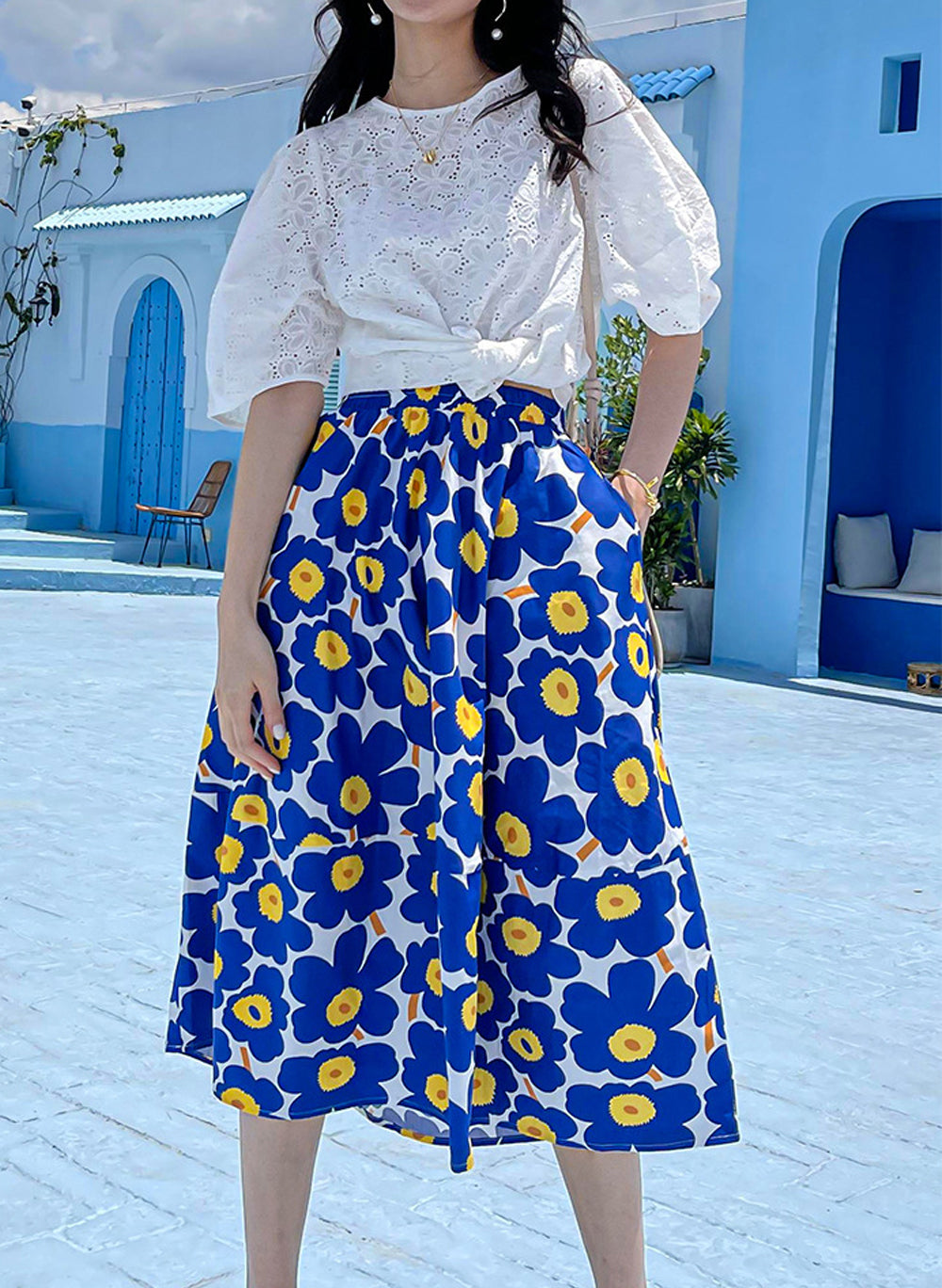 Pure Cotton Printed Midi A-Line Skirt