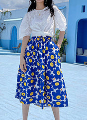 Elastic High Waist Geometric Floral Print A-line Midi Cotton Skirt