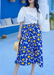 Elastic High Waist Geometric Floral Print A-line Midi Cotton Skirt