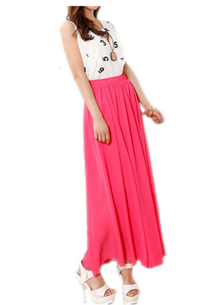 High Waisted Flowy Chiffon Maxi Skirt in Hotpink