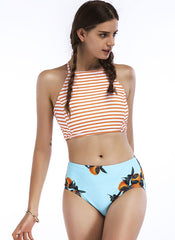 Peachy Striped Switchback High-waist Bikini Set