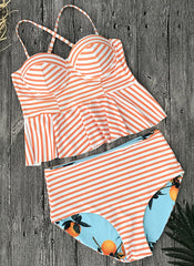 Peplum Reverse Bikini Set in Peachy Striped/Clementine