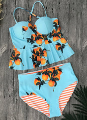 Peplum Reverse Bikini Set in Peachy Striped/Clementine