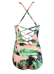 Crisscross Back Palm Leaf Print One-piece Swimsuit