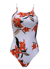 Crisscross Back Red Lily Print One-piece Swimsuit
