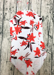 Crisscross Back Red Lily Print One-piece Swimsuit
