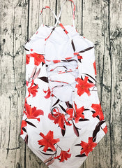 Crisscross Back Red Lily Print One-piece Swimsuit