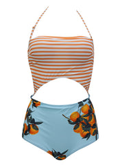 Halter Cut Out One Piece Monokini in Clementine/Striped