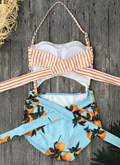 Halter Cut Out One Piece Monokini in Clementine/Striped