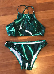 Leafy Crisscross Back Brazilian Halter Bikini Set in Green