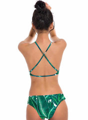 Leafy Crisscross Back Brazilian Halter Bikini Set in Green