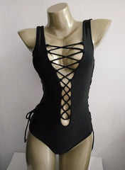 Lace Up V-neck Low Back One Piece Monokini in Black