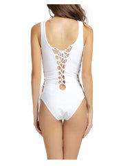 Lace Up V-neck Low Back One Piece Monokini in White