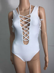 Lace Up V-neck Low Back One Piece Monokini in White