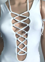 Lace Up V-neck Low Back One Piece Monokini in White