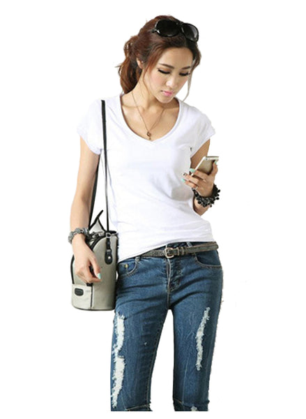 V-neck Cotton Basic T-shirt with Raw Edge