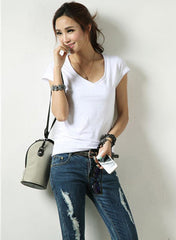 V-neck Cotton Basic T-shirt with Raw Edge