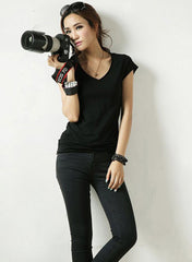 V-neck Cotton Basic T-shirt with Raw Edge