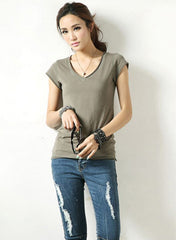 V-neck Cotton Basic T-shirt with Raw Edge
